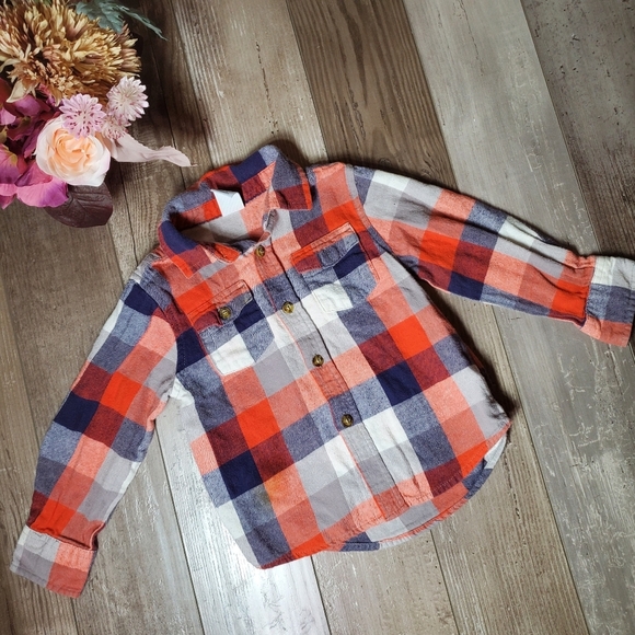 Healthtex Orange Blue White Checked Plaid Button Down Flannel Shirt Size 4T EUC - Picture 12 of 15
